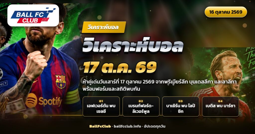 ภาพปกวิเคราะห์บอล 17 ตุลาคม 2569 ห้าคู่เด่นพรีเมียร์ลีก บุนเดสลีกา ลาลีกา
