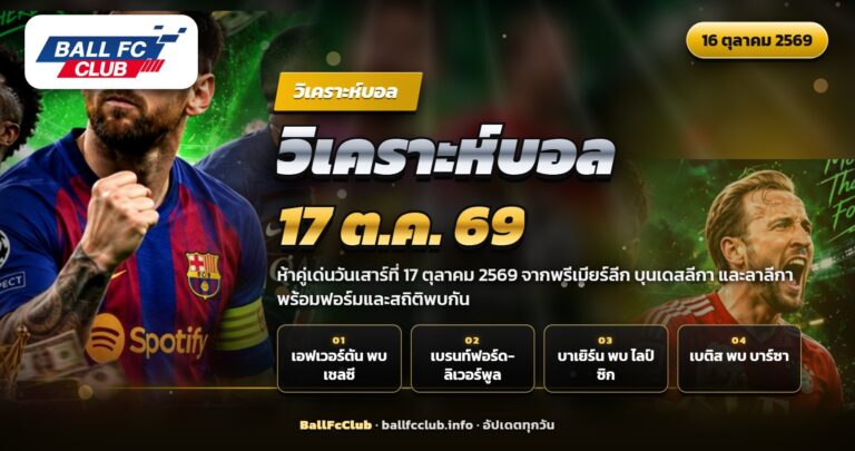 ภาพปกวิเคราะห์บอล 17 ตุลาคม 2569 ห้าคู่เด่นพรีเมียร์ลีก บุนเดสลีกา ลาลีกา
