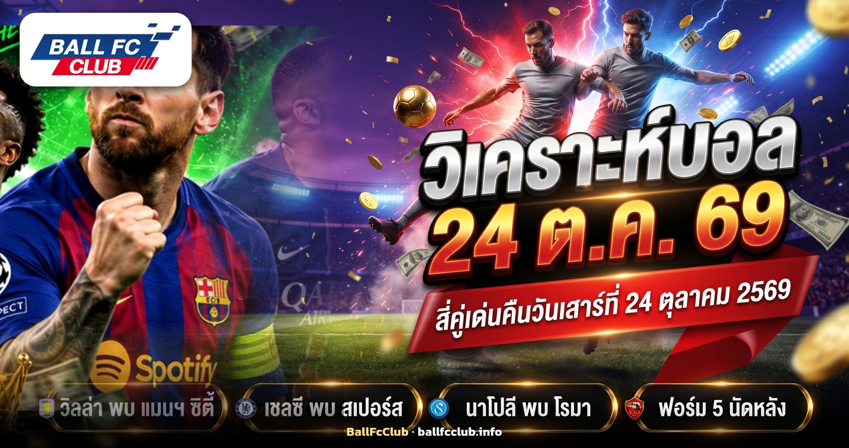 ภาพปกวิเคราะห์บอลวันเสาร์ที่ 24 ตุลาคม 2569 นักฟุตบอลแย่งบอลกลางสนามยามค่ำ