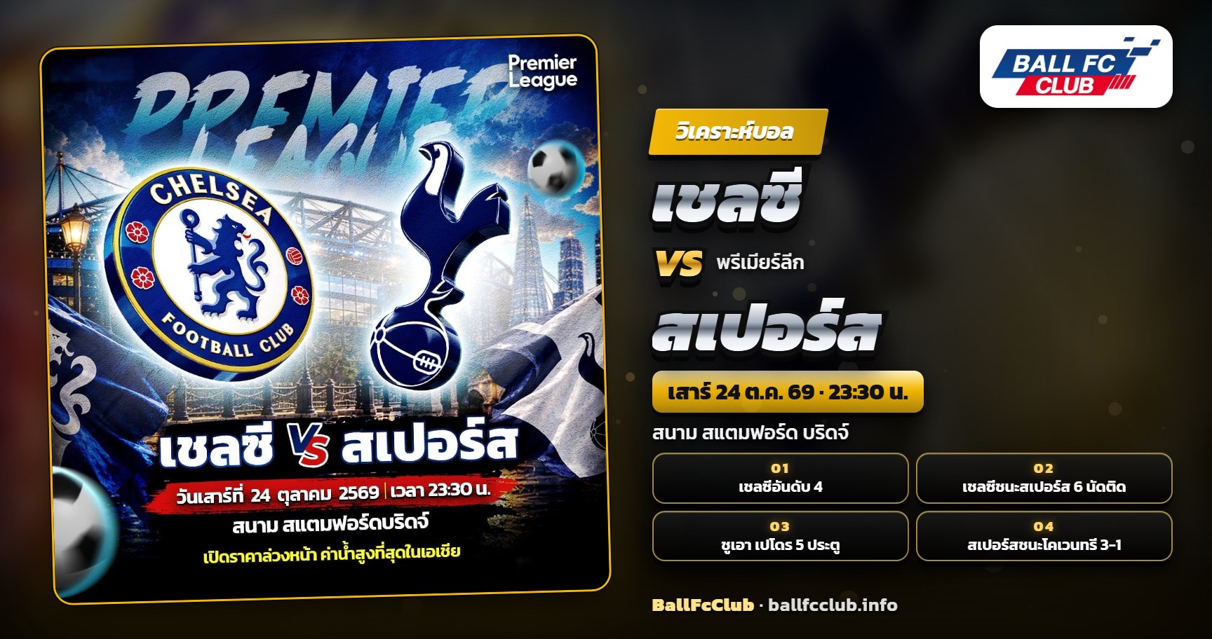 ภาพปกวิเคราะห์บอล เชลซี พบ สเปอร์ส พรีเมียร์ลีก ที่สแตมฟอร์ด บริดจ์